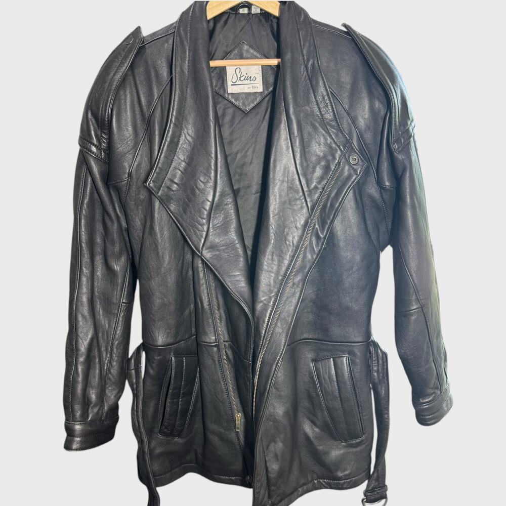 Skins Genuine Black Leather Small Oversized Moto Jacket Belted Edge Avante Garde